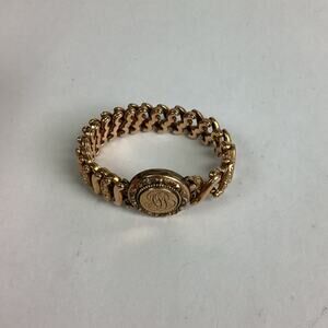 Antique Gold Picture Locket Sweetheart Bracelet W/ Pic Of Black & White Scottie